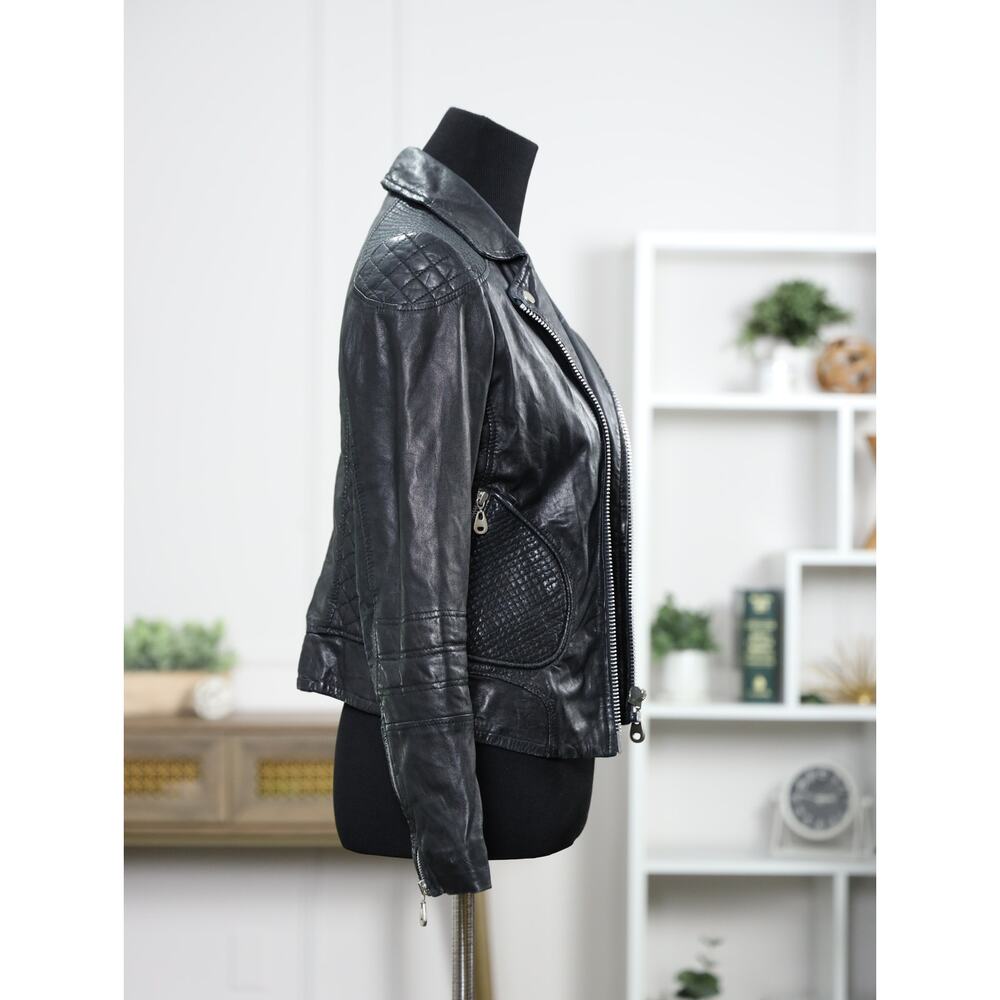 Moto Luxe Biker DOMA 100% Leather Quilted Woven Black Jacket Edgy Chic S - Picture 6 of 16